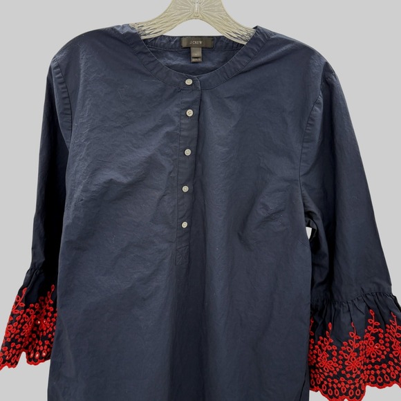 J.Crew Navy Blue Eyelet Embroidered Bell Sleeve Tunic Midi Dress Women's Large - Picture 4 of 11